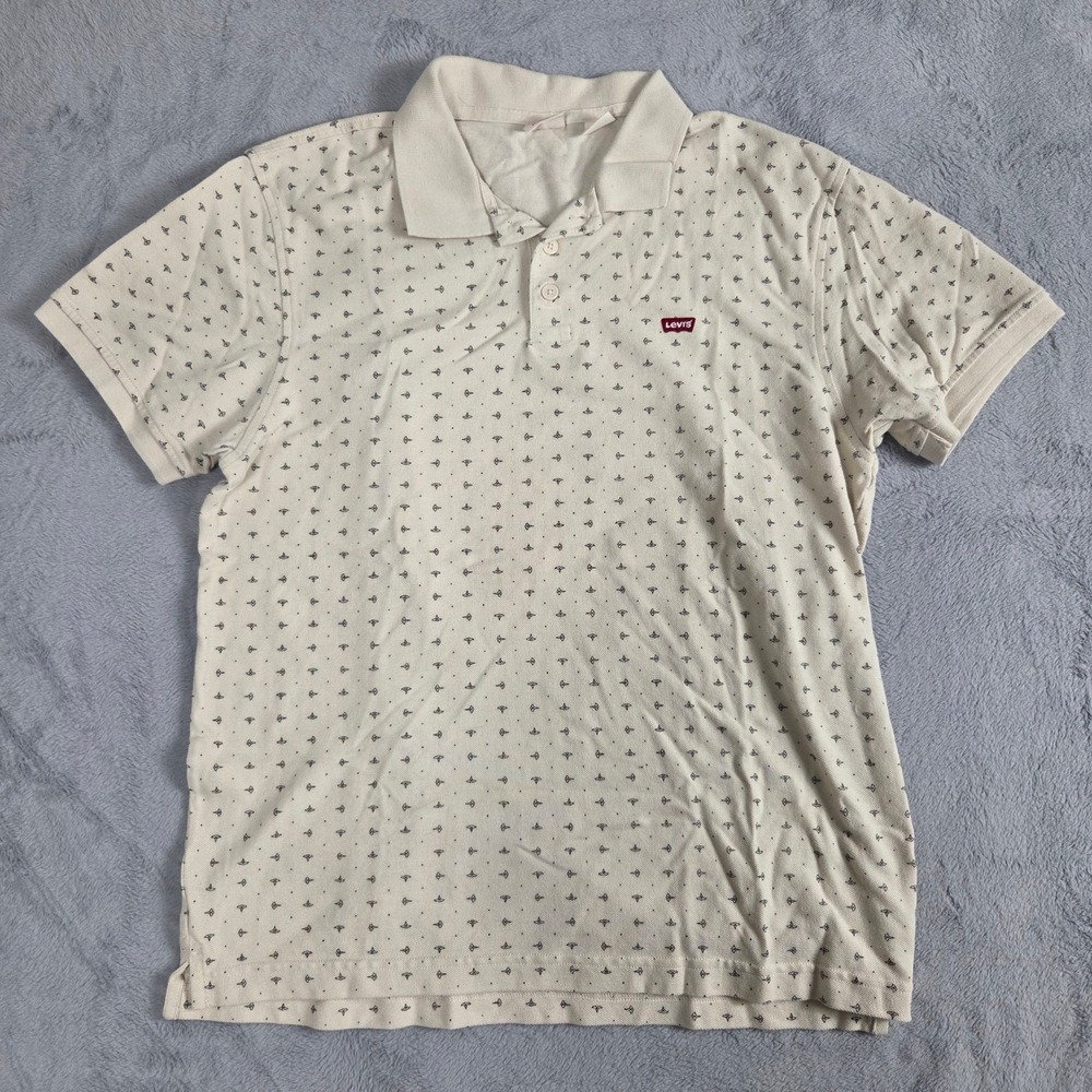 Levi's Polo Shirt Mens Large Cream Excellent Geometric Print Short Sleeve